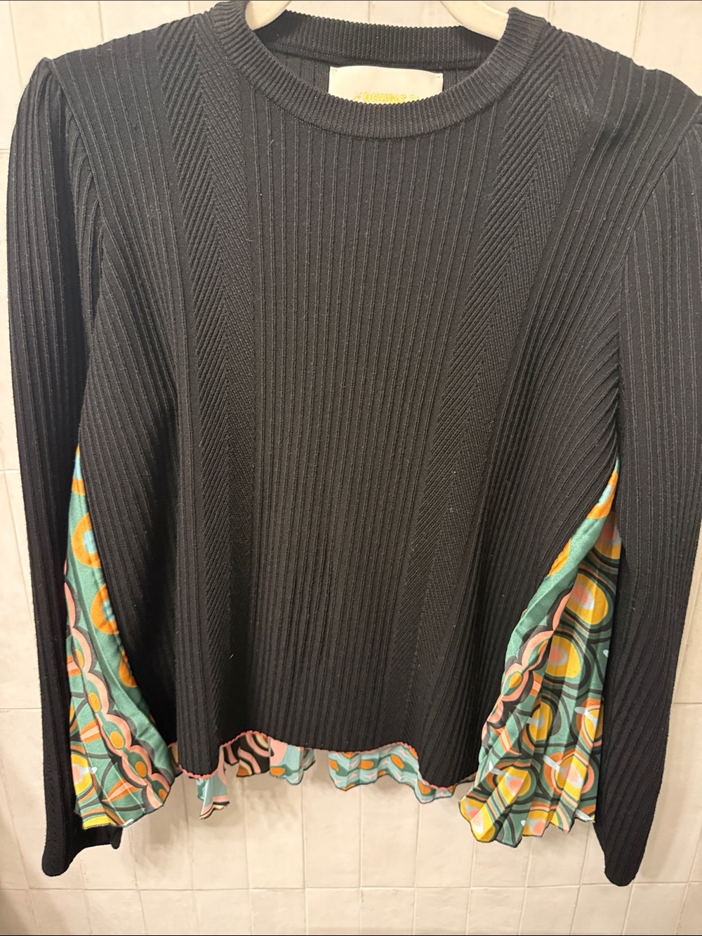 LA DoubleJ Black Ribbed Long-Sleeve Top with Multicolor Patterned Insets
